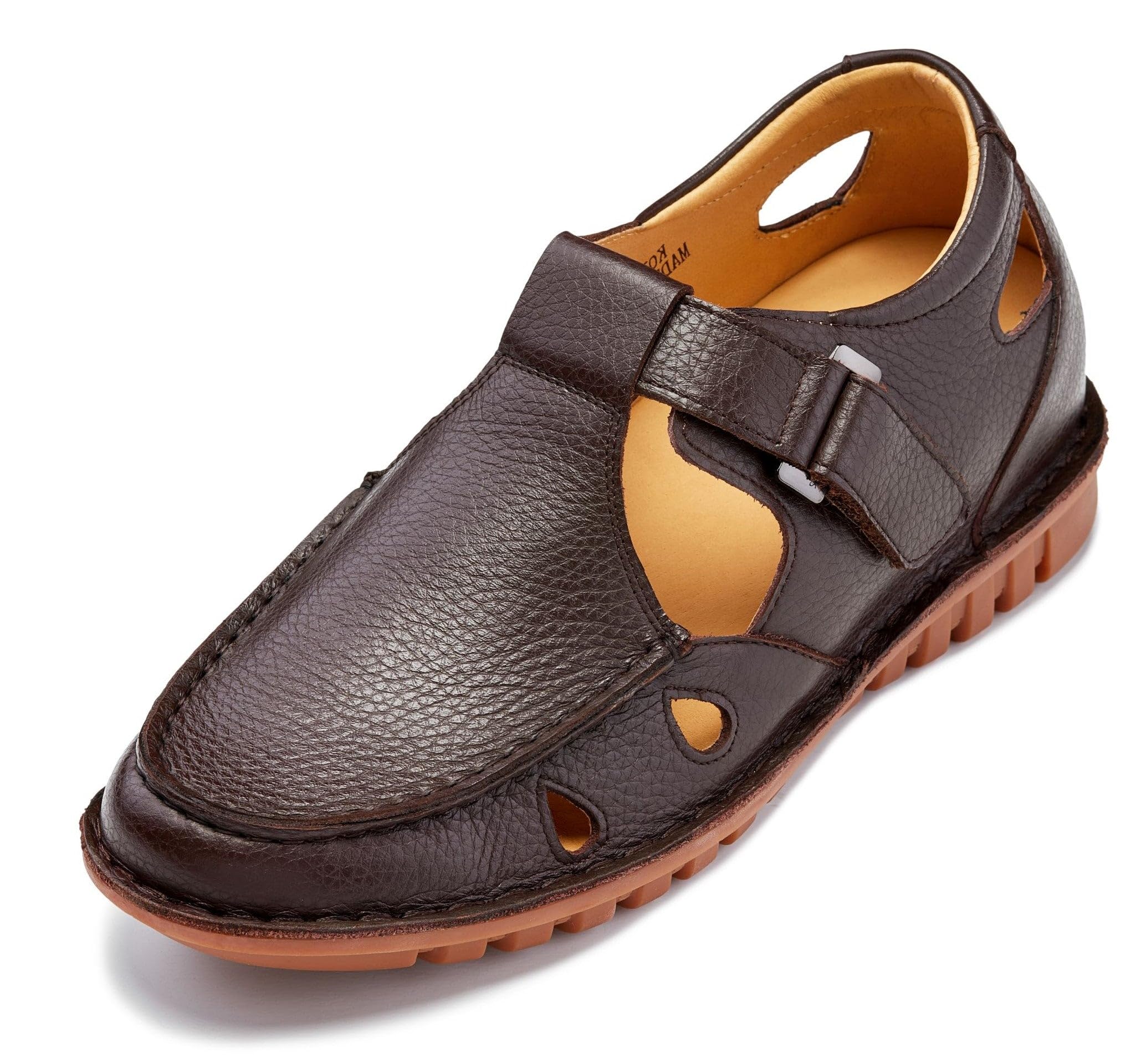 CALTO Men's Invisible Height Increasing Elevator Shoes - Coffee Brown Premium Leather Lightweight Casual Fisherman Sandals - 2.8 Inches Taller - K0752