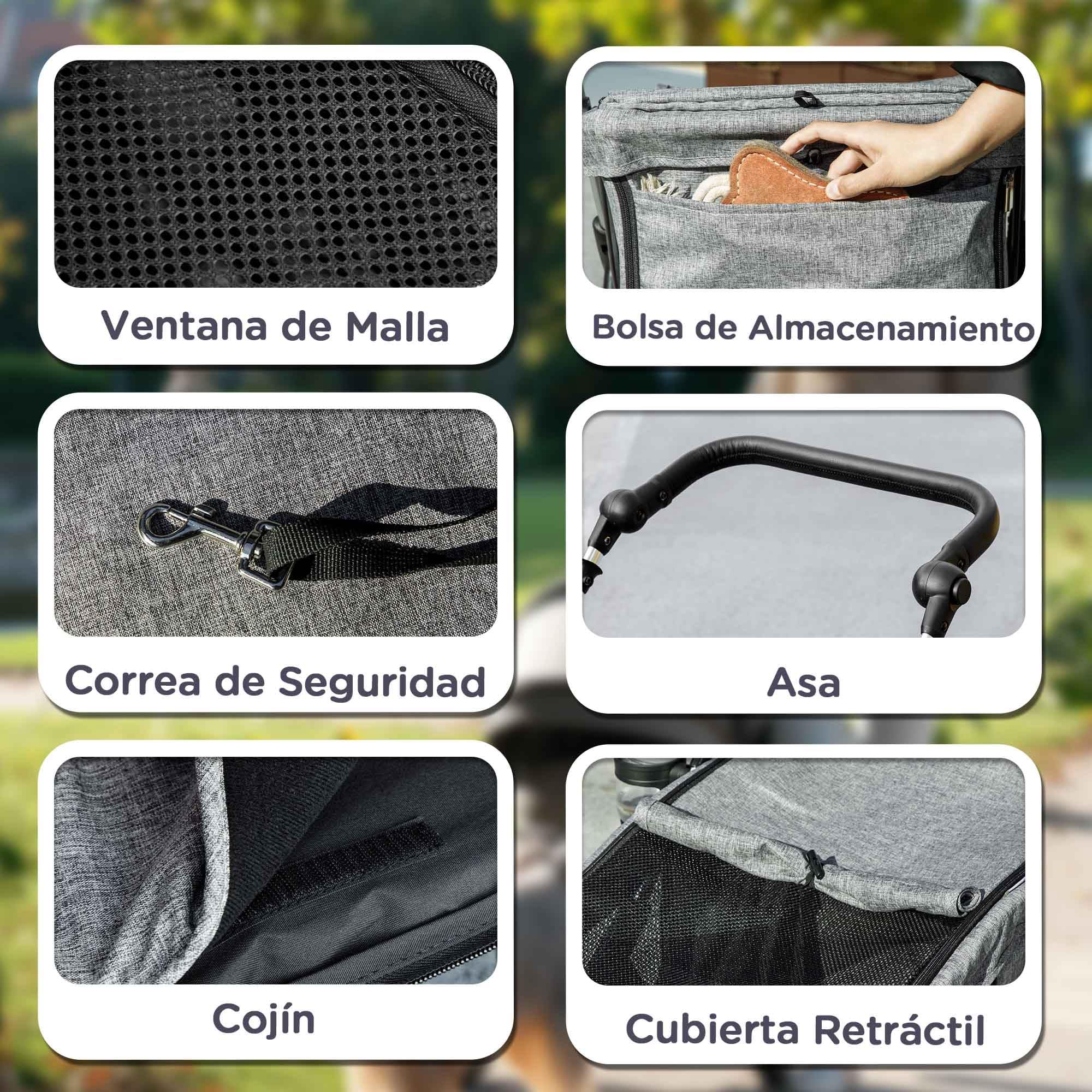 PawHut Carrito para Perros Plegable, Cochecito para Perros Pequeños y Seniors, Hasta 10 kg, Ruedas con Frenos 360º, Marco de Aluminio, Correa de Seguridad, Cojín Lavable y Ventanas, Gris