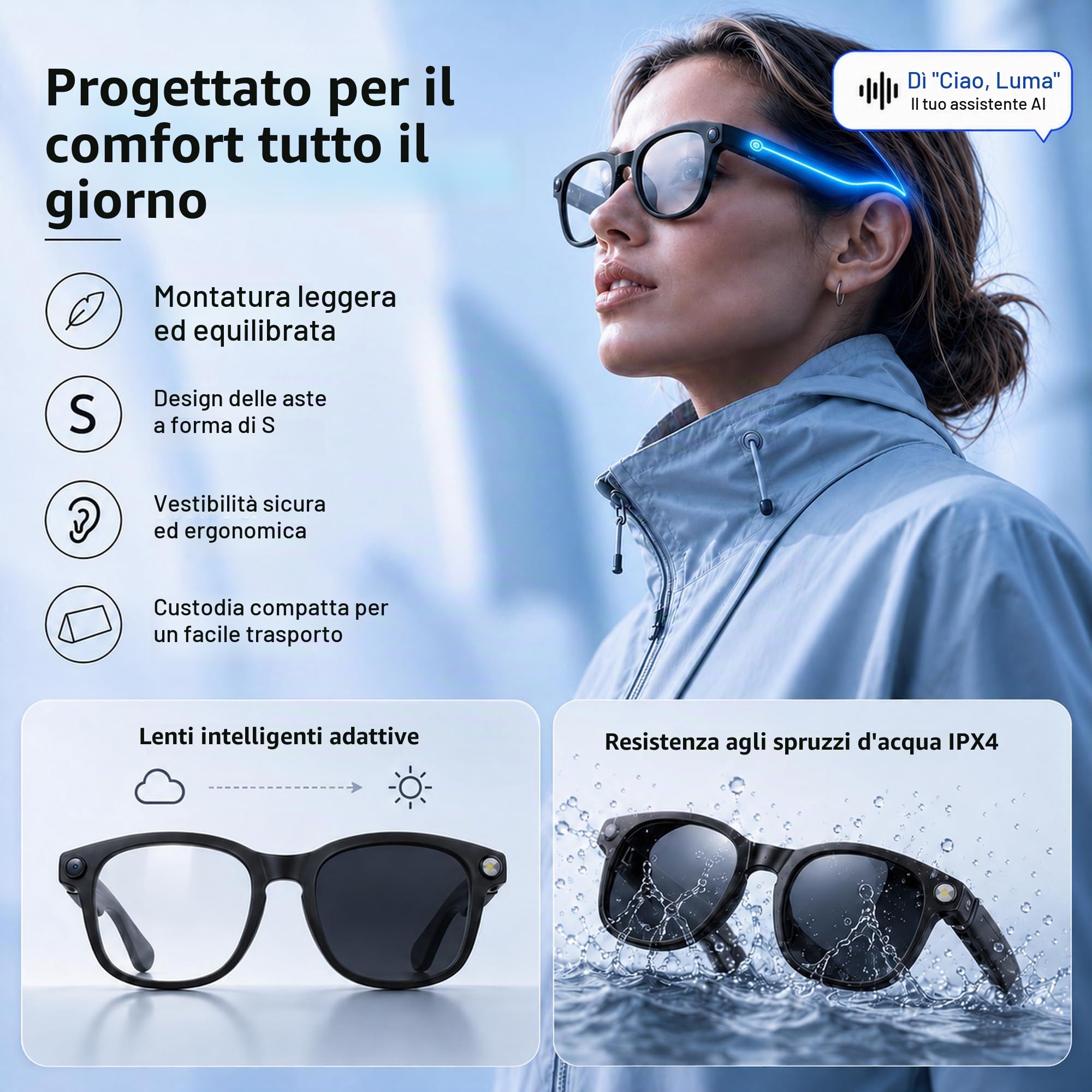 Occhiali Intelligenti con AI e Bluetooth, Occhiali con Telecamera 8 MP, WiFi, Telefono, Traduzione in Tempo Reale, Riconoscimento Degli Oggetti, Smart Glasses con Fotocamera e Video, Audio, Musica