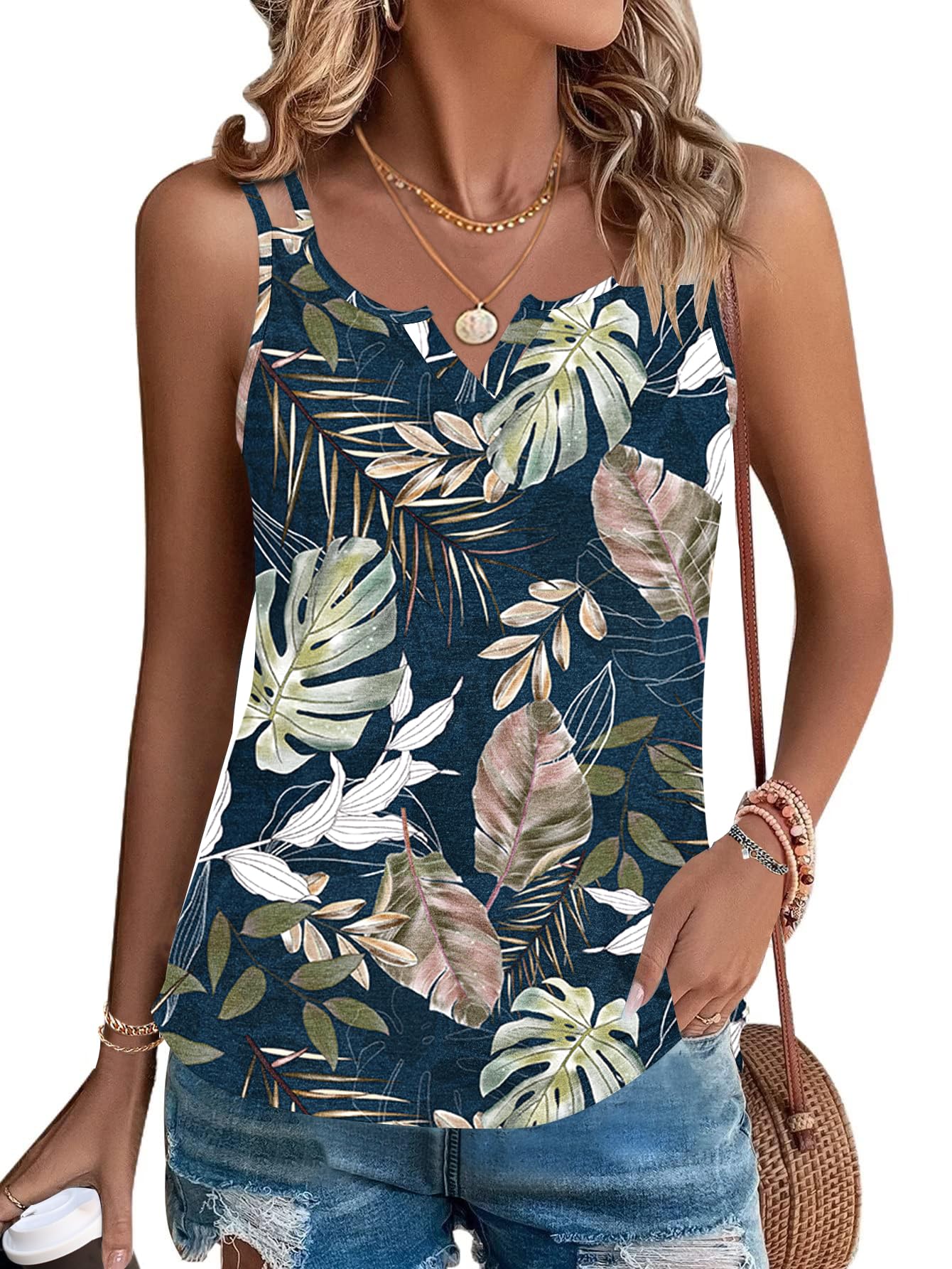 WNEEDU Tank Top Damen Sommer Armellose Oberteile Spaghettiträger Blusentop Cami Shirt V Ausschnitt Sexy