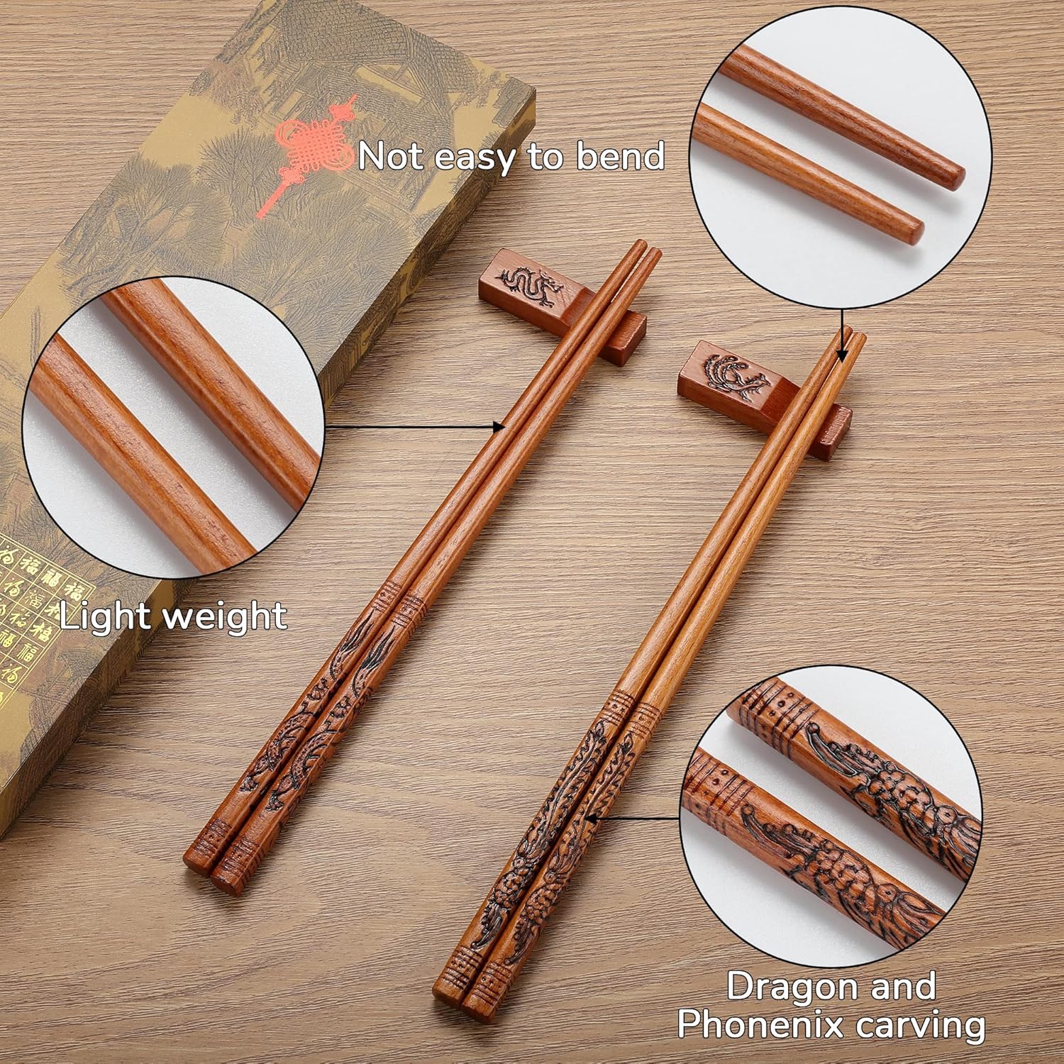 Palillos reutilizables, juego de palillos de madera con diseño de dragón y fénix, aptos para lavavajillas, juego de palillos de madera natural (2 pares)
