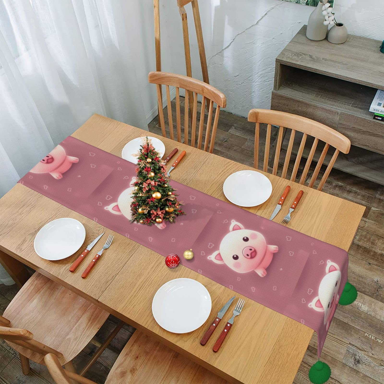 Chemin de table rose à franges motif cochon déco automne