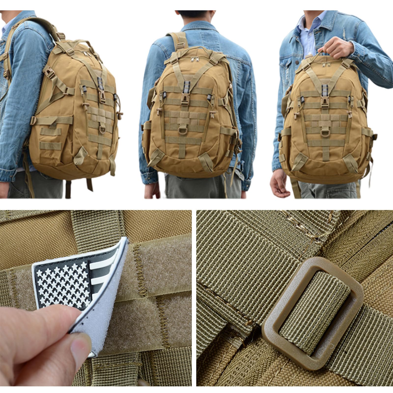 Zaino Tattico Militare 35 Litri Zaino Uomo da Trekking Impermeabile Molle Backpack con Striscia Riflettente per Viaggio, Campeggio, Pesca (Nero)