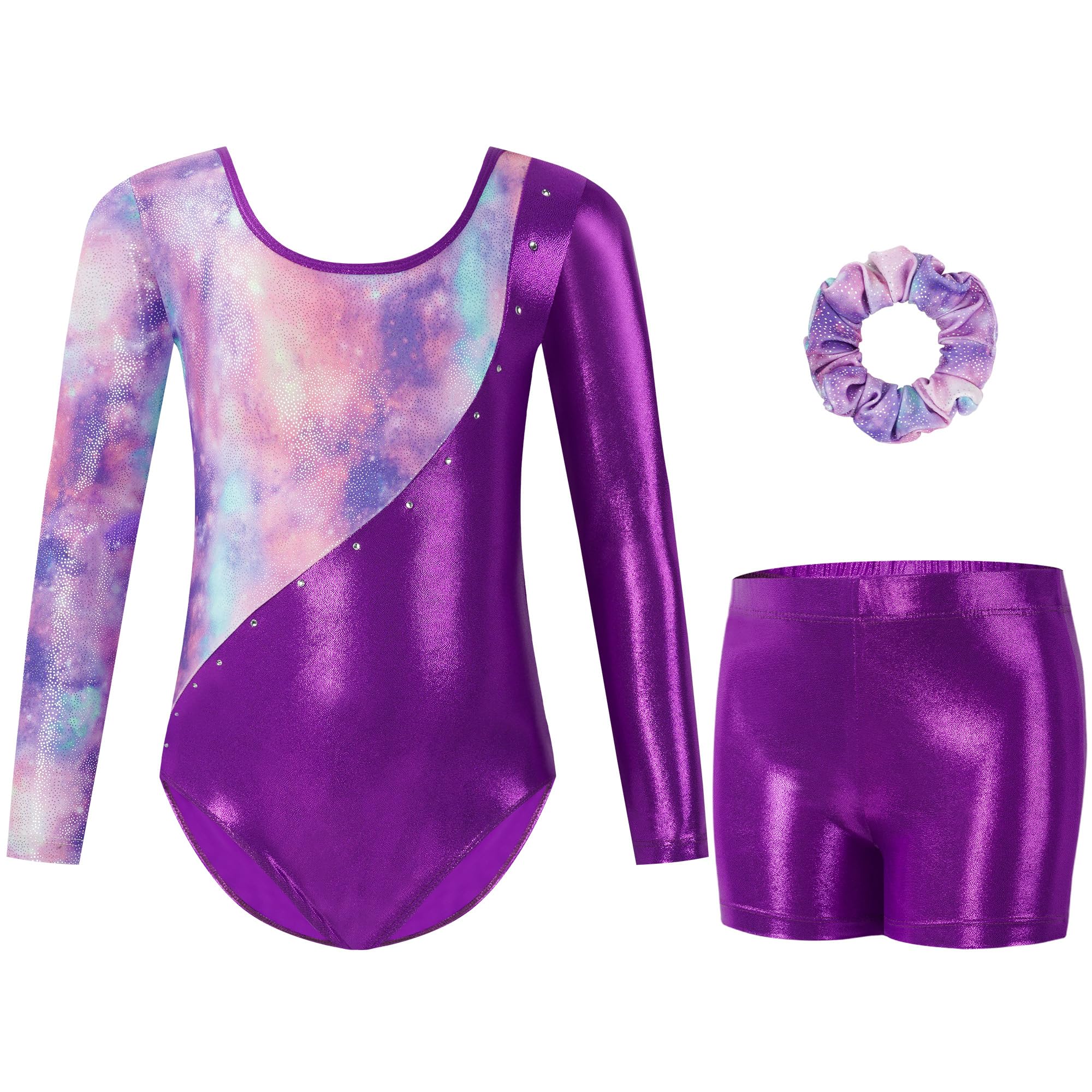 Gogokids Mädchen Dreiteilige Gymnastikanzüge, Langärmliges Gymnastik Set mit Shorts und Haarband, Glitzernde Balletteinheitstrikots - Gymnastik Outfit mit Farbverlaufdesign für 3-12 Jahre