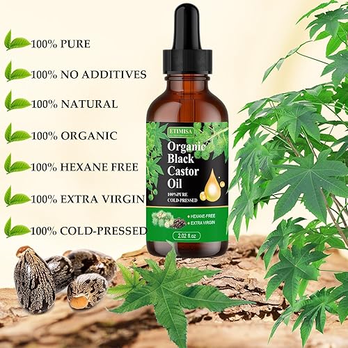 Miniatura 2 de Etimisa Aceite de ricino negro orgánico, 100% puro natural, prensado en frío, botellas de vidrio, cabello, cuidado de cejas, cuidado de la piel,