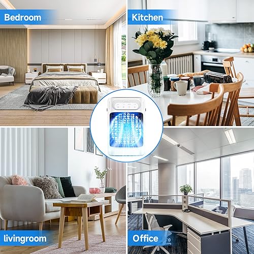Miniatura 7 de Aire acondicionado portátil, enfriador de aire evaporativo TIOKVIOP 10 W mejorado y 3 niebla fría 3 en 1, 3 velocidades de viento y 7 luces LED, 3