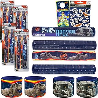 Jurassic World Slap Bracelet Party Favors Set - Bundle with 16 Dinosaur Slap Bracelets for Kids Plus Stickers, More | Jurassic World Birthday Party Supplies