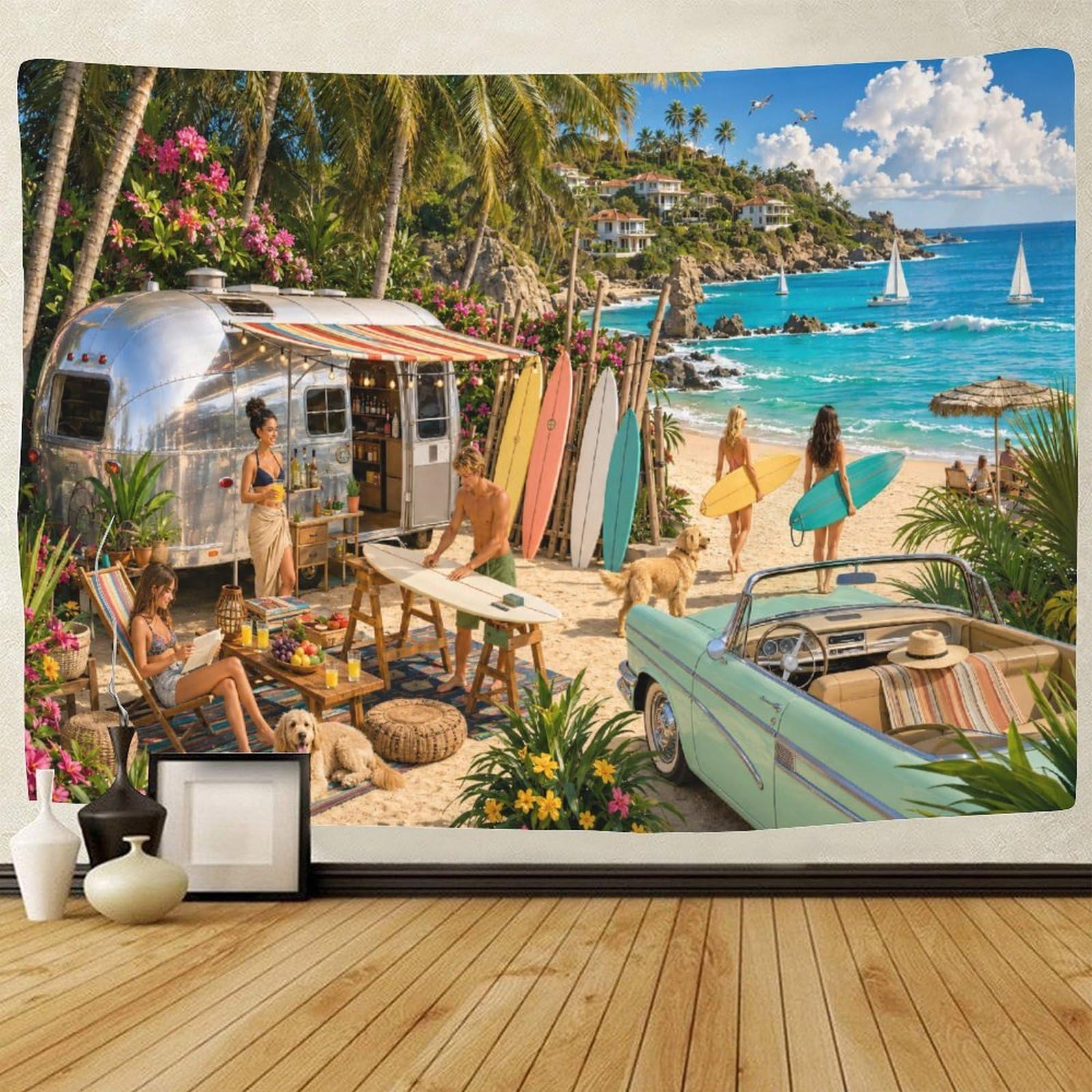 GPMNBCXZK Tropical Island Surf Paradise 3D Print Wall Hanging Decor Tapestry for Bedroom Tapestries Home Decoration Curtain Bedroom College Dorm 150cmx200cm