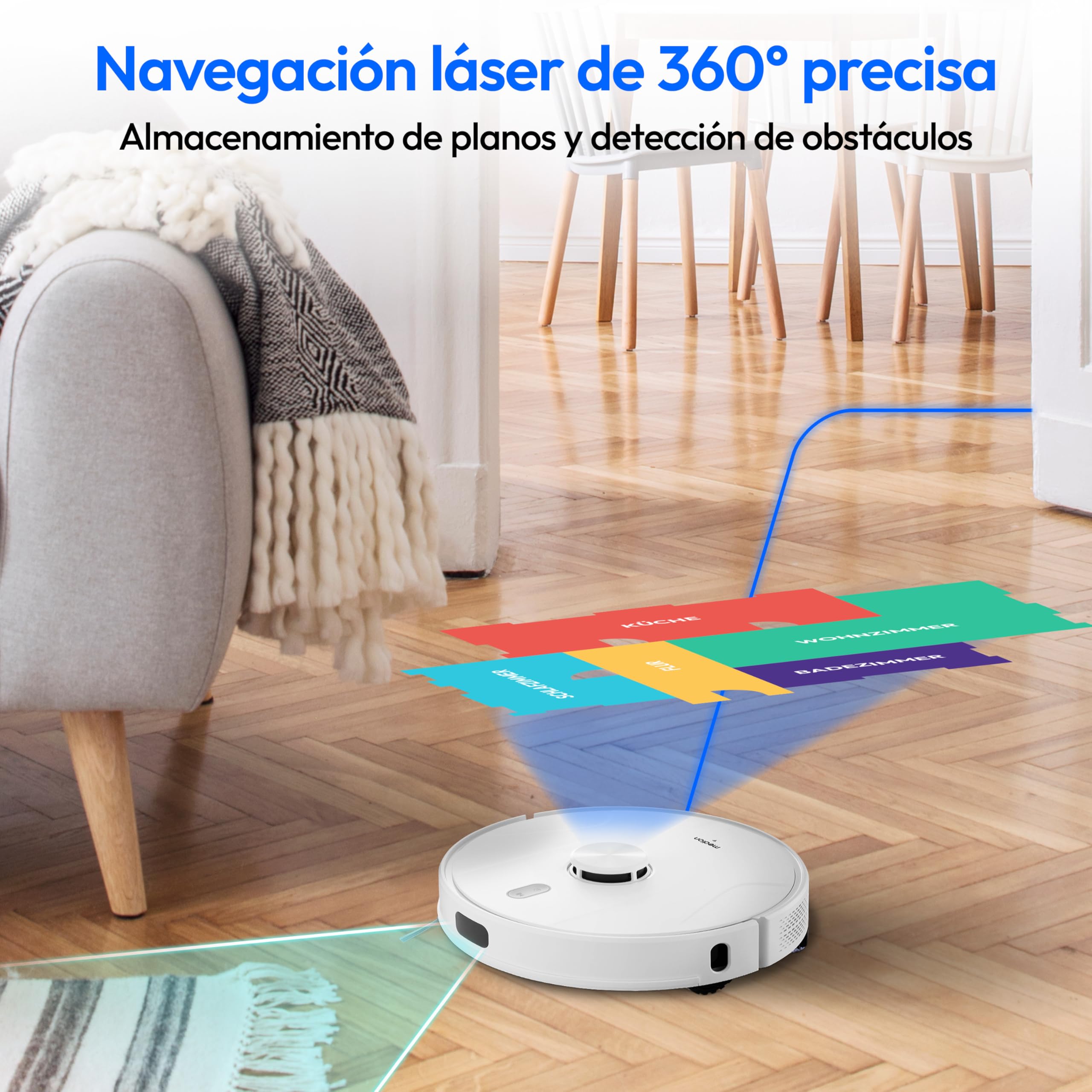 MEDION Robot Aspirador con navegación láser y función de Limpieza X41 SW (Potente Potencia de aspiración de 8000Pa, Robot Aspirador 2en1, mapeo preciso, Zonas Go & No Go, múltiples Suelos)