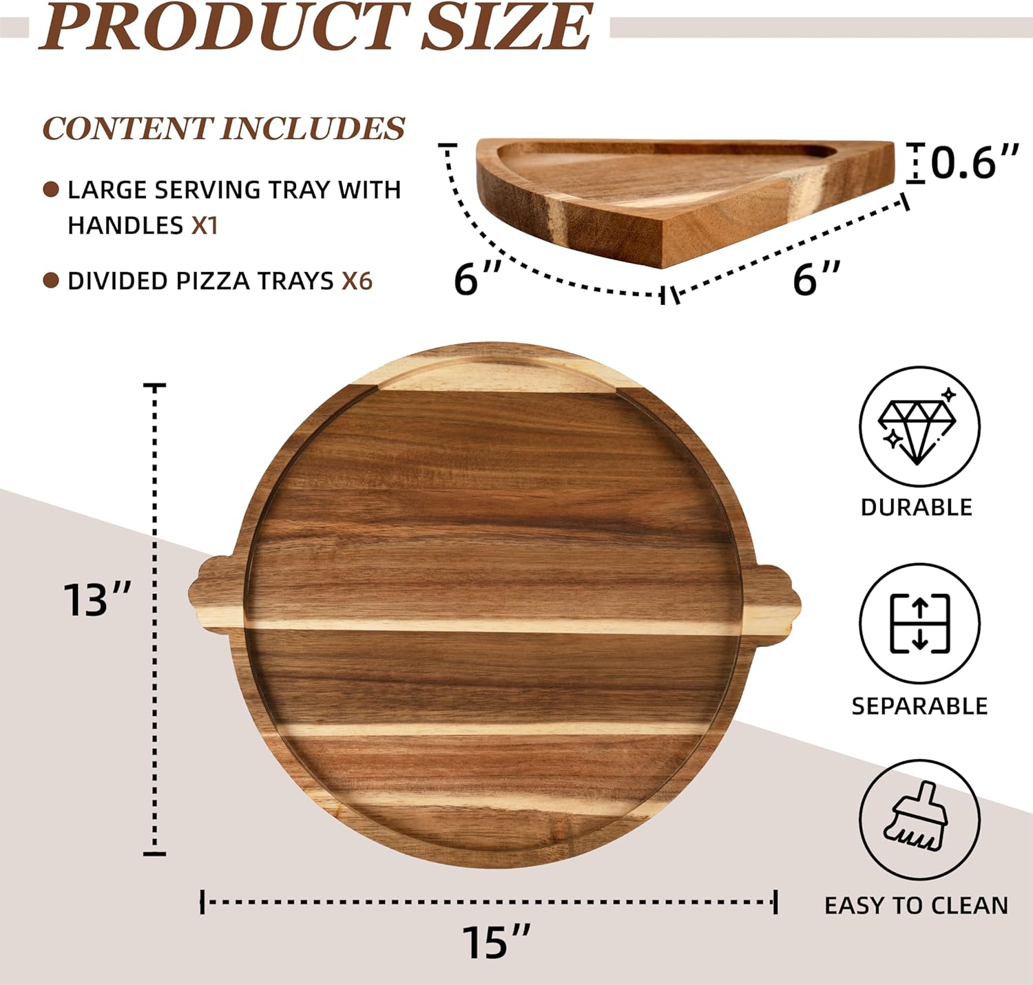 Acacia Wood Serving Tray with Handles, Round Charcuterie Boards with 6 Detachable Pizza Trays, Wooden Decorative Tray for Party, Coffee Table Tray for Home Decor, Bathroom, Kitchen Counter