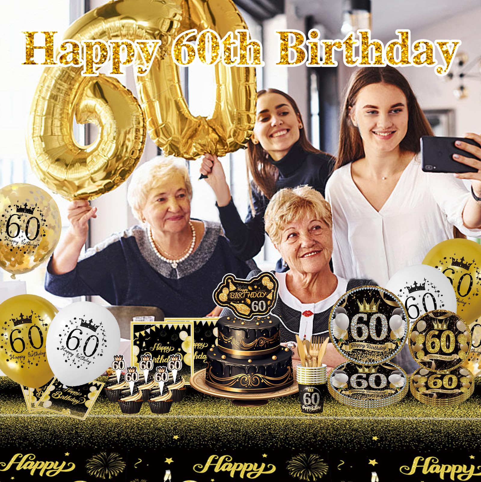 164 piezas de decoraciones de feliz cumpleaños negro y dorado, decoraciones de cumpleaños de fiesta de cumpleaños negro y dorado, suministros de fiesta de feliz cumpleaños para hombres y mujeres,