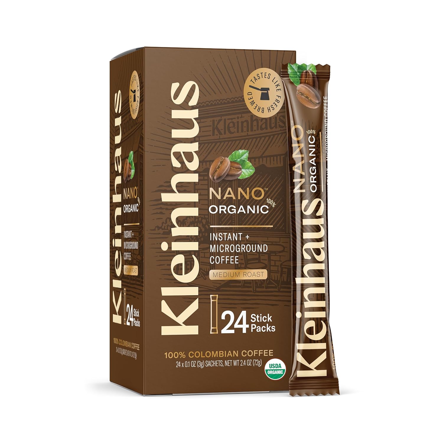 Kleinhaus Organic Medium Roast Nano Single-Serve Instant Coffee + Microground | 100% Colombian Arabica Coffee | Freeze dried | Fresh Brewed Taste | 6 X 24 Packets