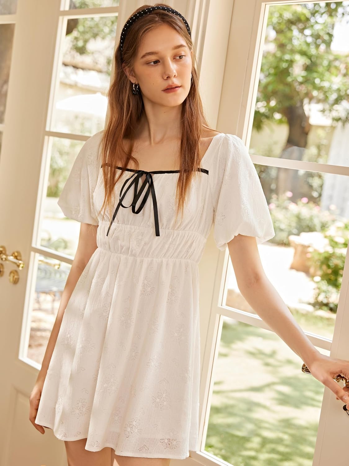 CIDER Women's Mini Cocktail Dresses Cute Bow Knot Sun Dress Puff Short Sleeve Dresses for Summer Trendy - Image 3