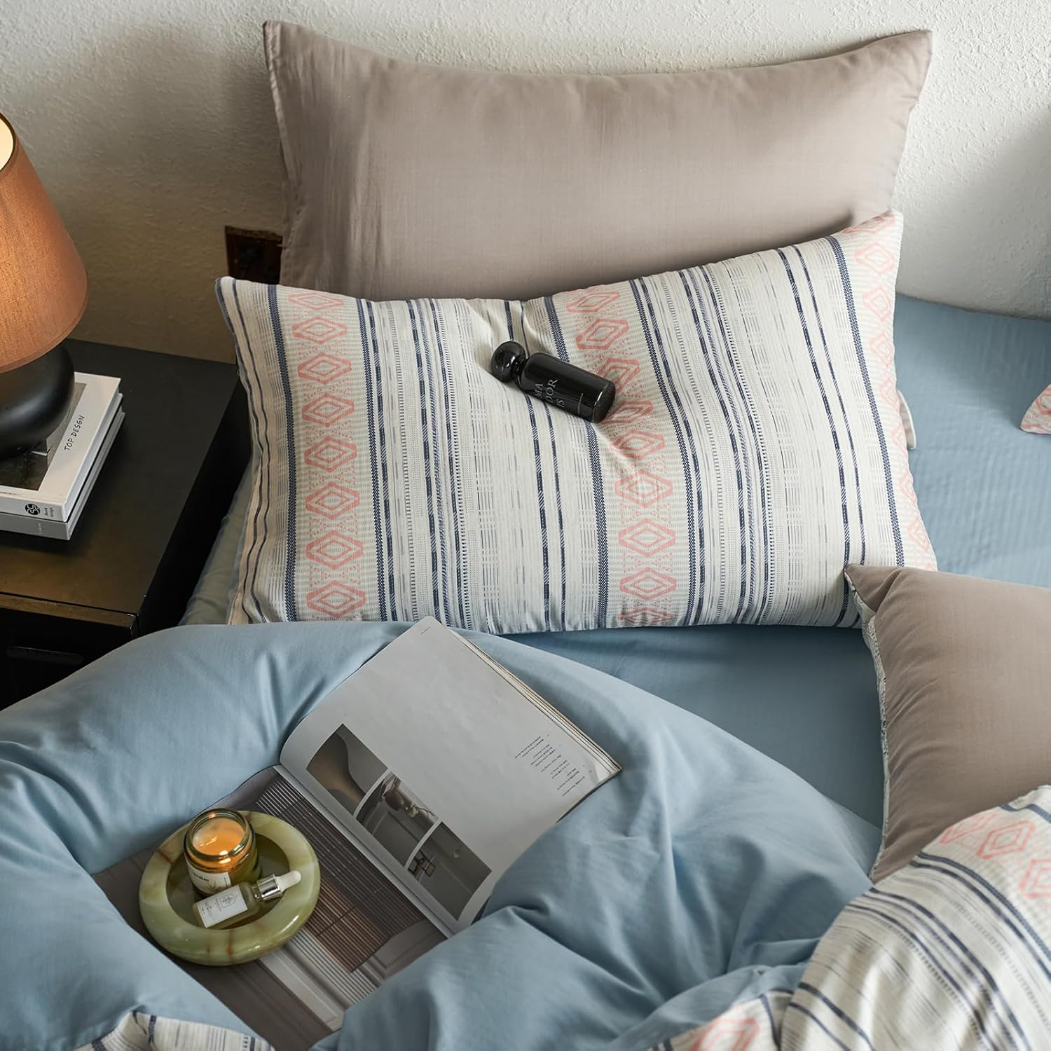 Boho Duvet King Cover Lyocell Cotton Blend Summer King Size Comforter Cover Striped Cooling Double-Layer Yarn Girls Duvet Cover Set with 4 Corner Ties Bohemian Cozy Bedding Cute Duvet Protector