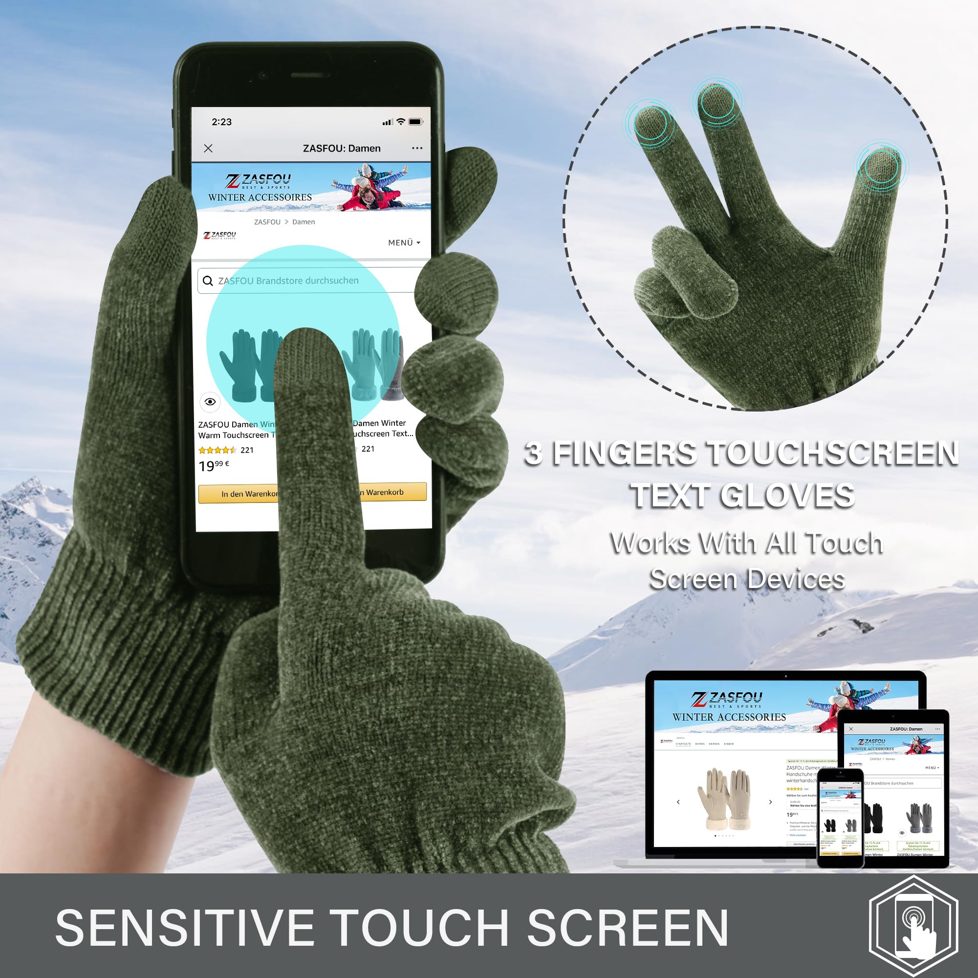 ZASFOU Damen Herren Winter Mütze Schal Touchscreen Handschuhe Set Thermo Chenille Beanie Wintermütze Loop Schal Schlauchschal Winterhandschuhe Geschenk für Männer Frauen