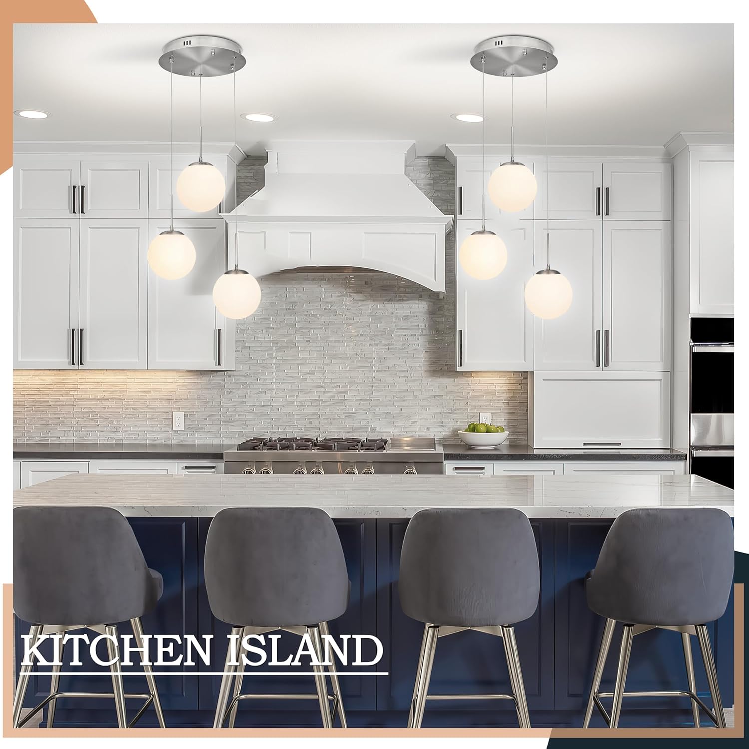 KoKo&Yukina 3-Light Nickel Glass Chandelier Globe Glass Cluster Pendant Lights Modern Adjustable Length Pendant with Milky White Globe Ceiling Light for Kitchen Island Dining Room(Bulb & Remote Incl.)