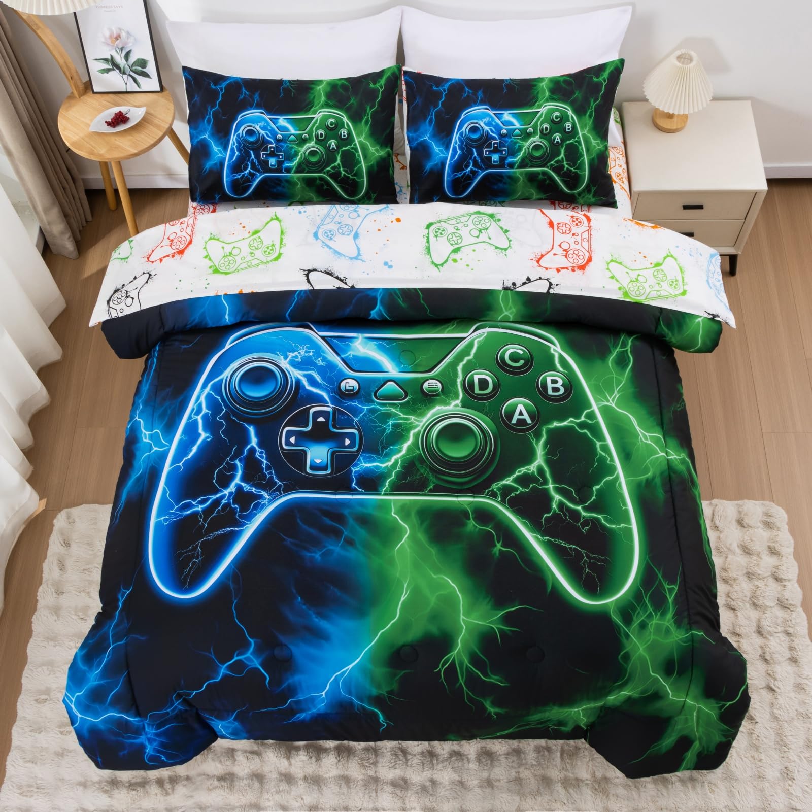 Meeting Story 5-Piece Boys Bedding Set Queen Size Green and Blue Game Console Kids Bed in A Bag Soft Lightweight Video Gamepad Bedroom Set(Bluegreen)