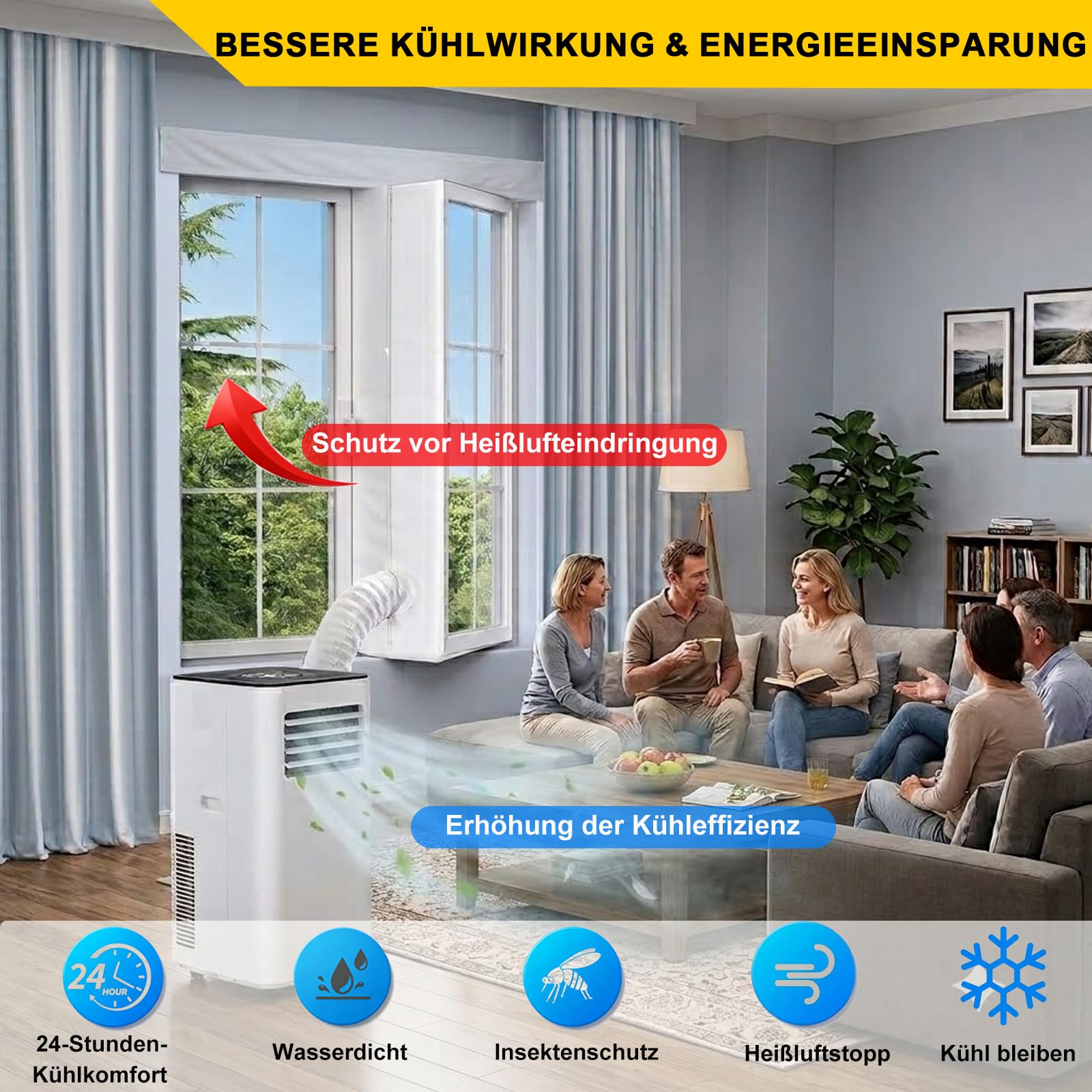 TEOV Klimaanlage Fensterabdichtung, 400cm Fensterabdichtung für Mobile Klimageräte mit Wasserdichte Abluftschlauch Set ohne Bohren, doppelte Öffnung, Hot Air Stop für Flügelfenster Ablufttrockner usw