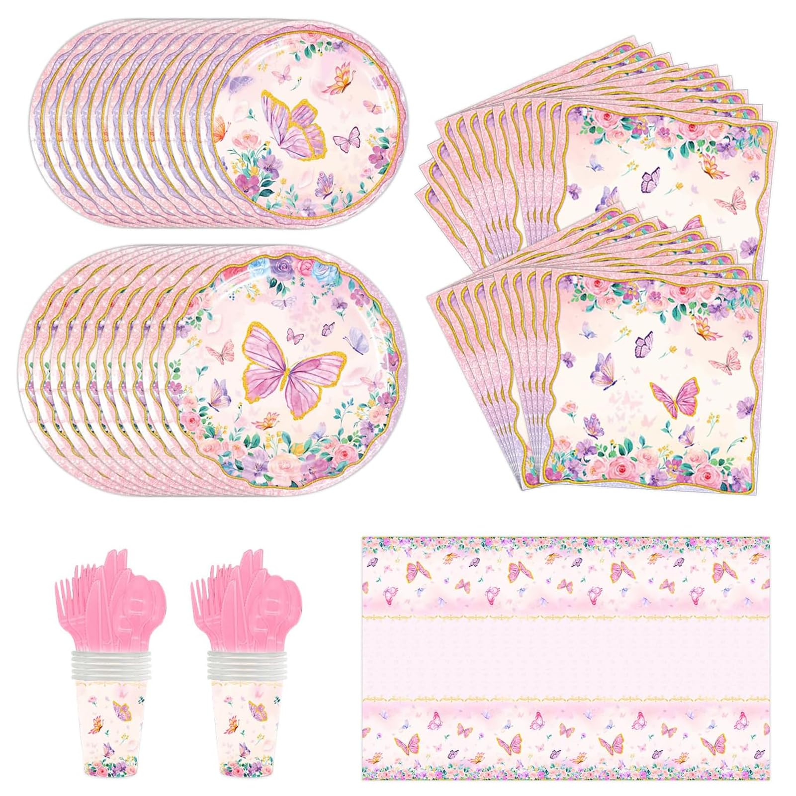 SOOFAM Butterfly Party Supplies，Butterfly Birthday Decorations，Pink Purple Disposable Tableware Set with Tablecloth，Plates，Napkins，Cups，Cutlery，Party Decorations for Girls Women（81PCS）
