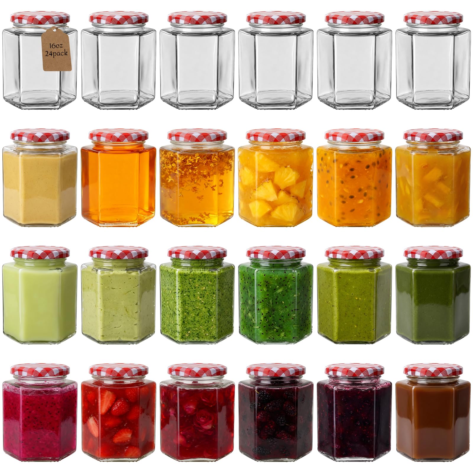 Confezione da 24 barattoli esagonali in vetro da 450 ml, con coperchio ermetico, bocca larga, barattoli per conserve, sottaceti, candele e artigianato fatti in casa