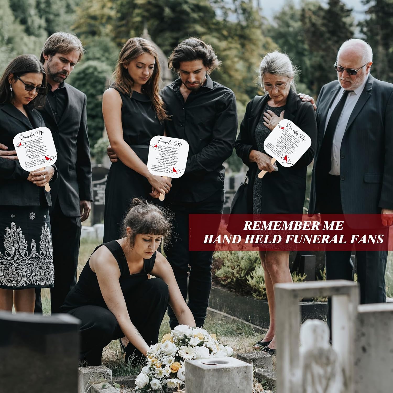 Teling 50 Pcs Funeral Favors for Guests Cardinals Memorial Gift Paper Fans Handheld Remember Me Paper Fans with Wooden for Guest Celebration of Life Decorations Services Sympathy Gift