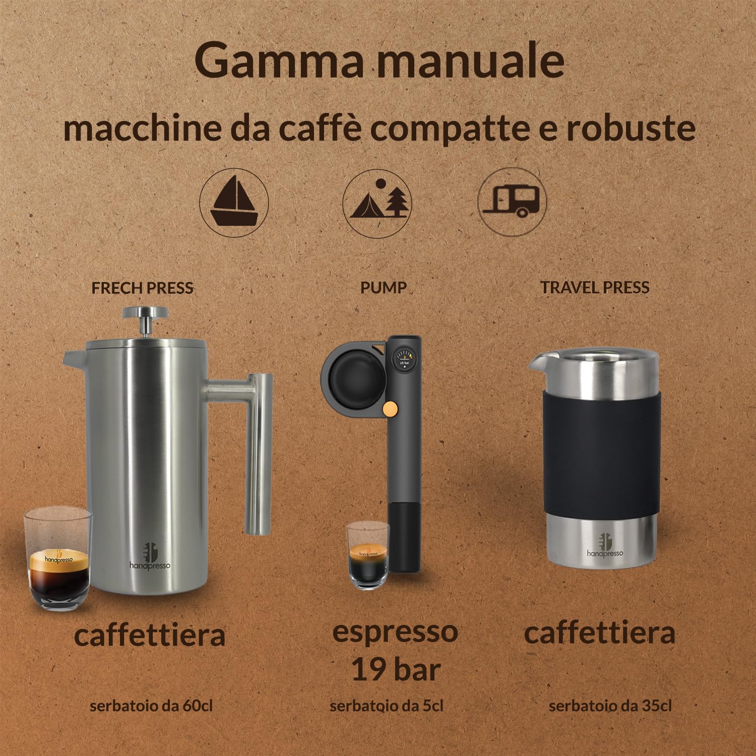 Handpresso Travel Press | Caffettiera portatile "outdoor" con caffè box y borsa | French Press di viaggio in acciaio inossidabile a doppia parete | 0,35 litri (2/3 tasse) | filtro di ricambio
