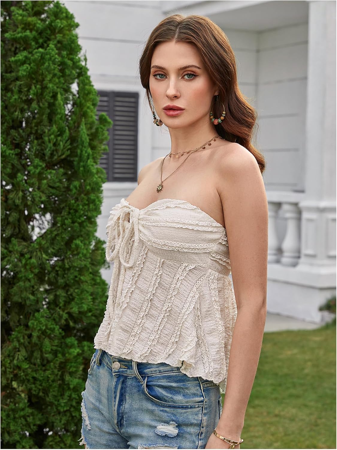 GORGLITTER Women's Lace Tie Front Strapless Babydoll Tops Y2k Backless Crochet Bandeau Tube Top - Image 3