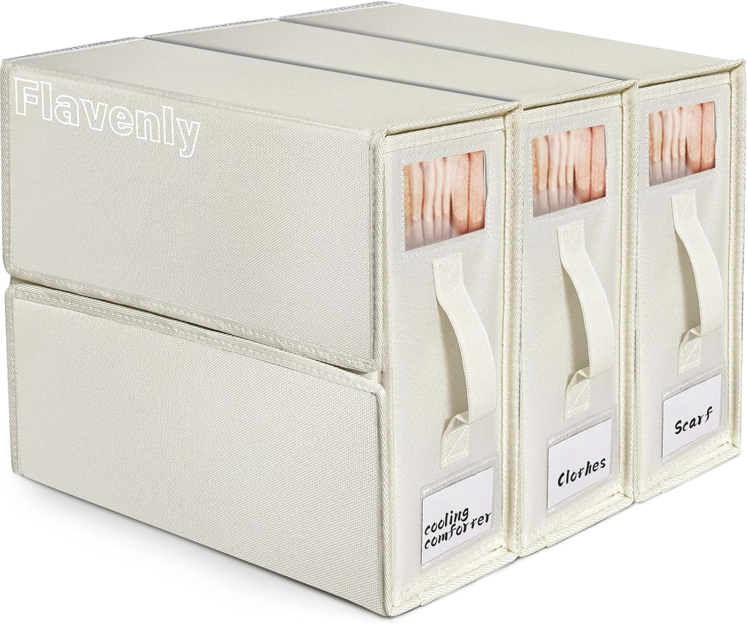 Flavenly Collapsible Sheet Organizer with Viewable Window - Large Capacity for Blankets, Comforters, Duvets, Towels and Clothes (Beige)