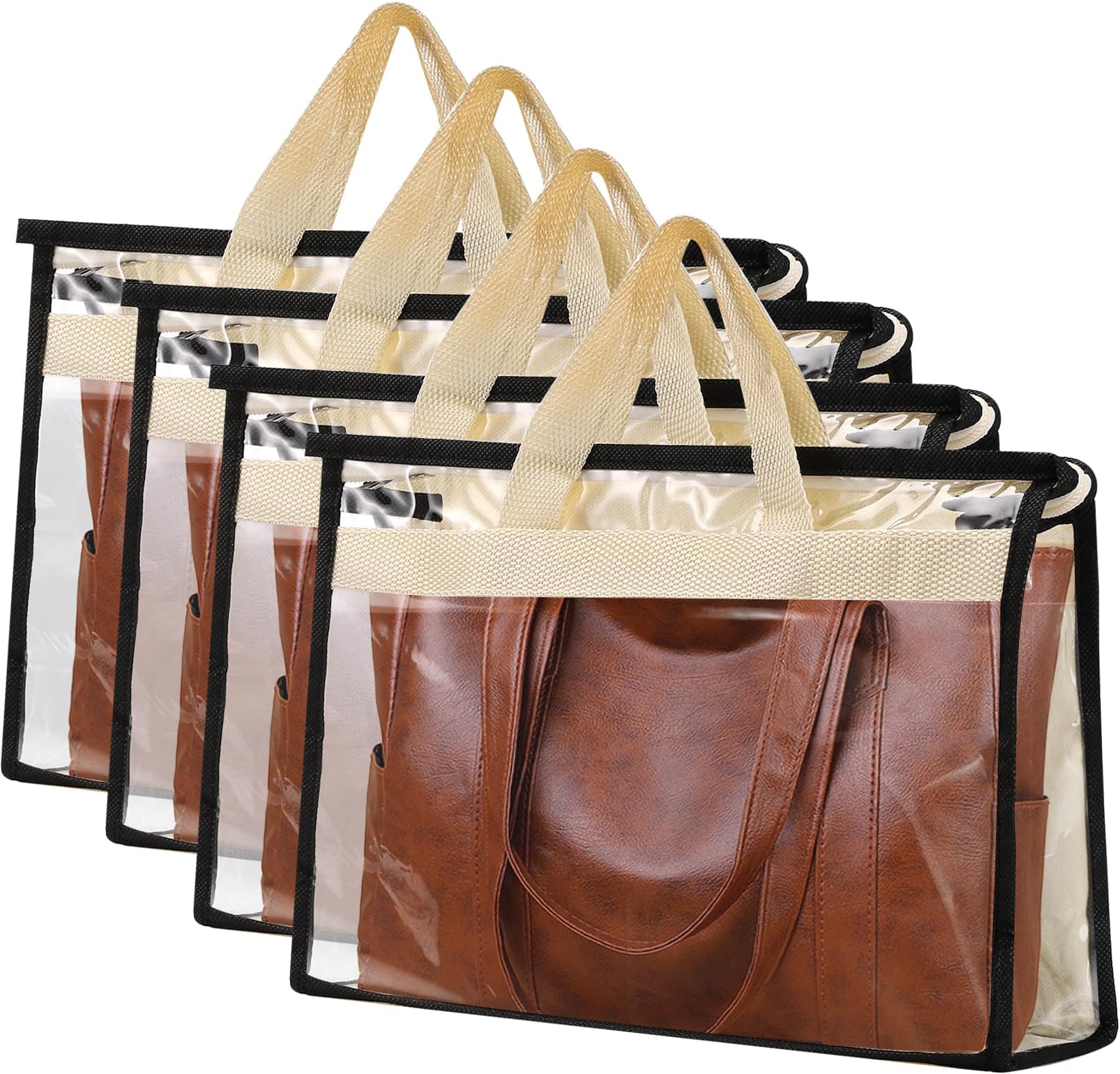 4 PCS Dust Bags for Handbag,Purse Protector Storage Bag with Zipper and Handle,Clear Handbags Storage Organizer,Plastic Protective Waterproof Handbag Protector for Closet,Off White