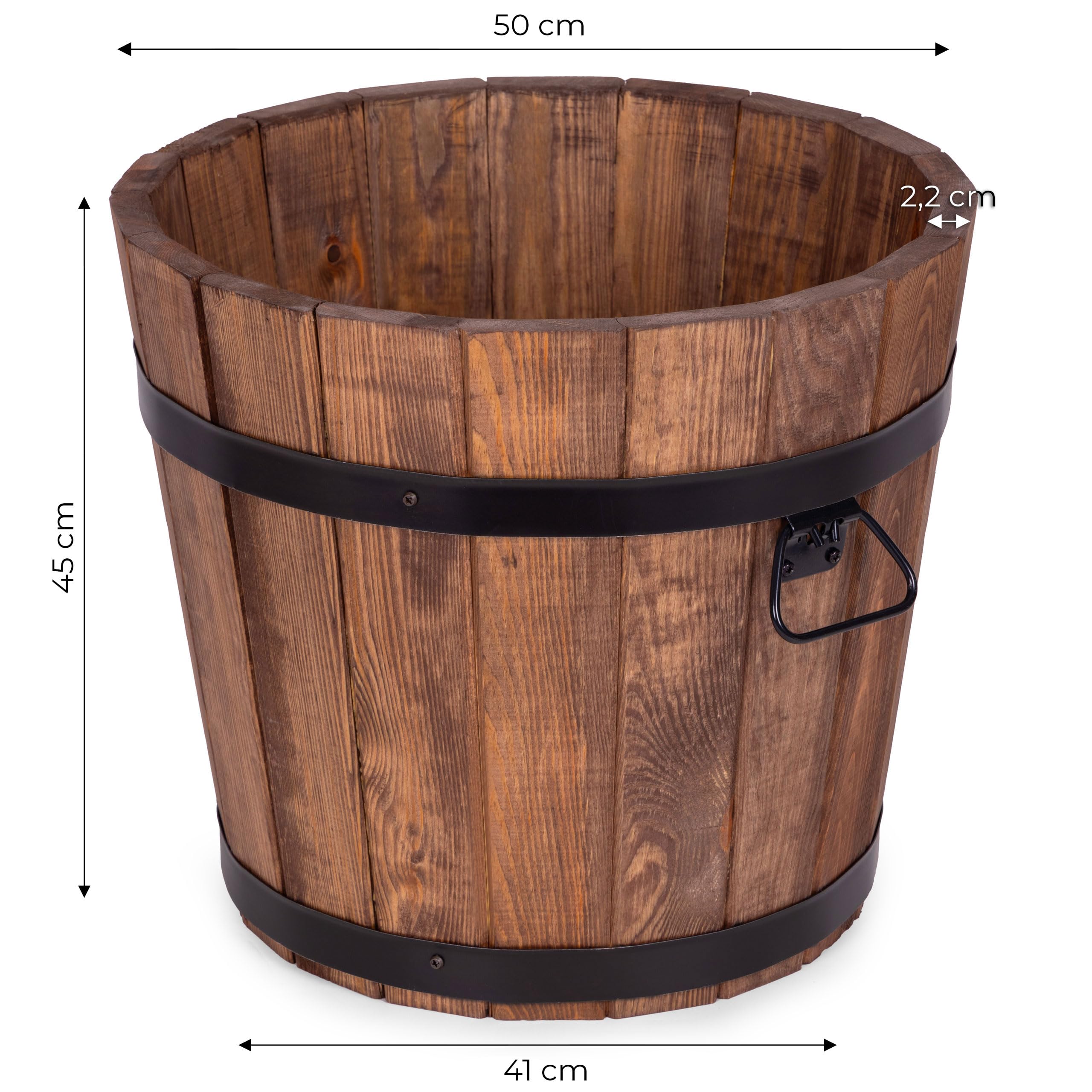 Okrągła Donica Drewniana 50x45 cm – Duża Doniczka Ogrodowa z Drewna Sosnowego w Kształcie Beczki – 60L, Brązowy Orzech, Do Ogrodu, Na Taras i Balkon