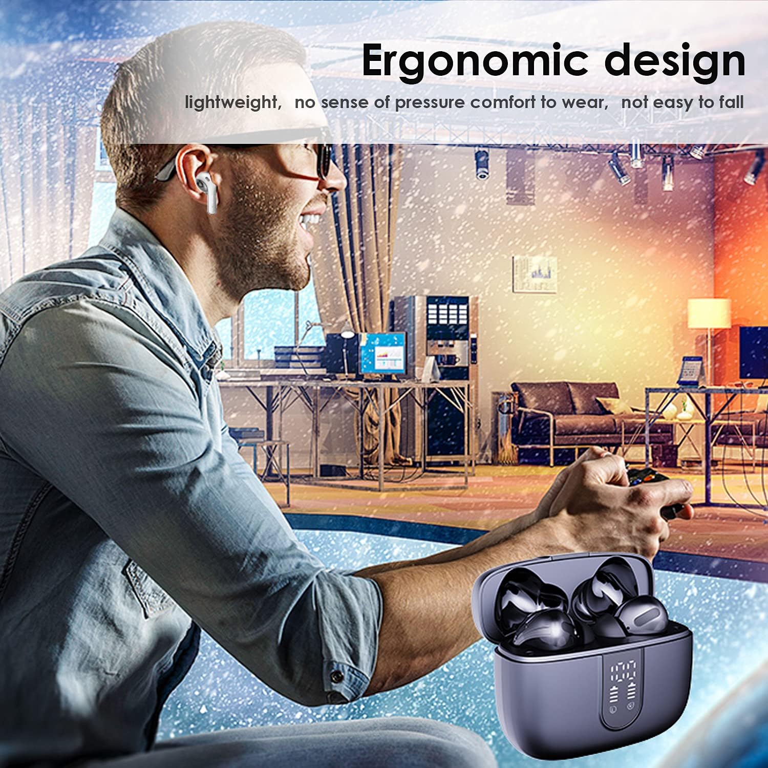 True Wireless Earbuds, Bluetooth Head 5.0 with LED Display, Waterproof, HiFi Stereo Sound, Touch Control Deep Bass with Noise Cancelling Mic in-Ear Earbud for Android Samsung (Black)