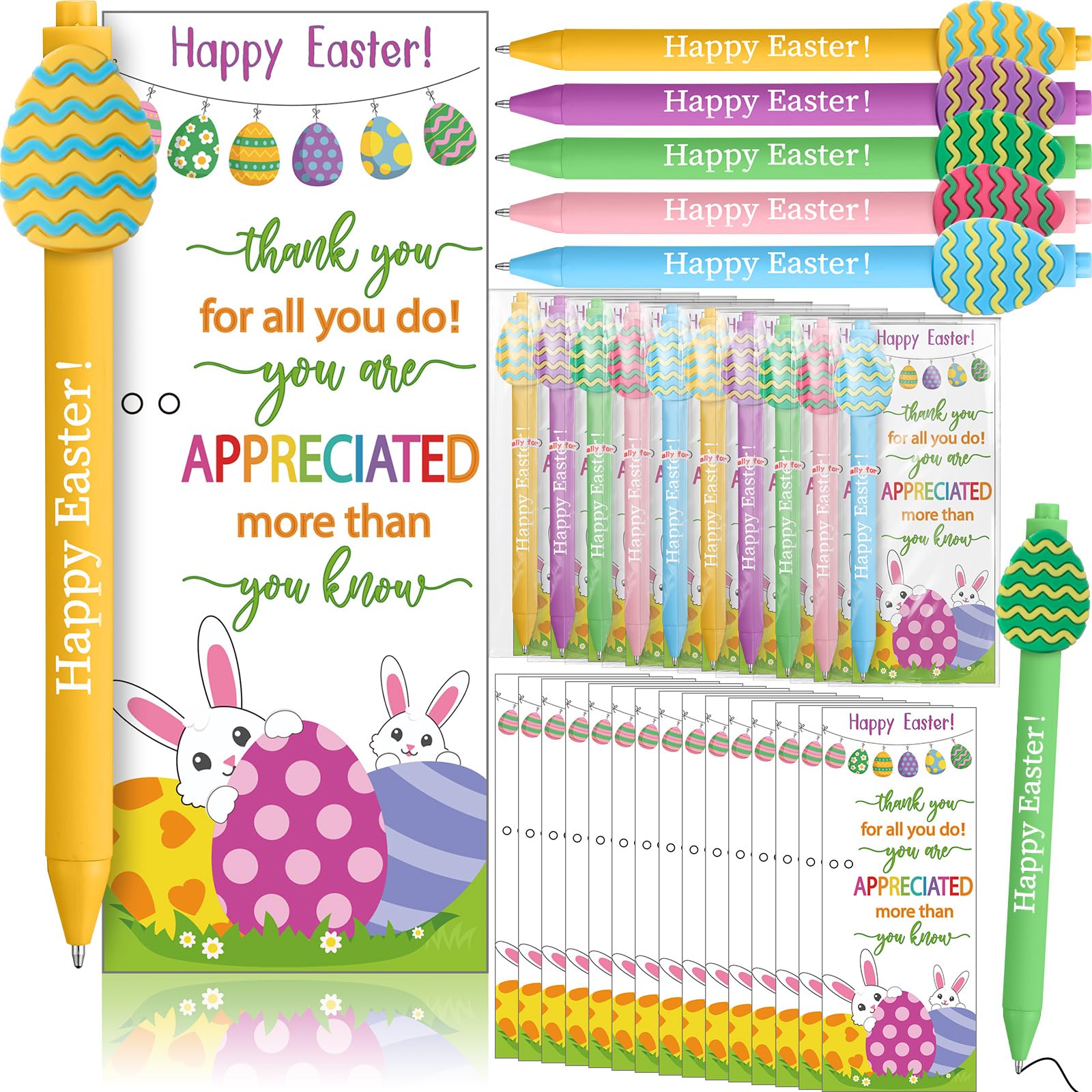 Gersoniel 50 Sets Easter Gifts Bulk Easter Appreciation Gifts for Coworker Happy Ballpoint Pen Thank You Greeting Cards and Ties for Office(Easter Eggs)