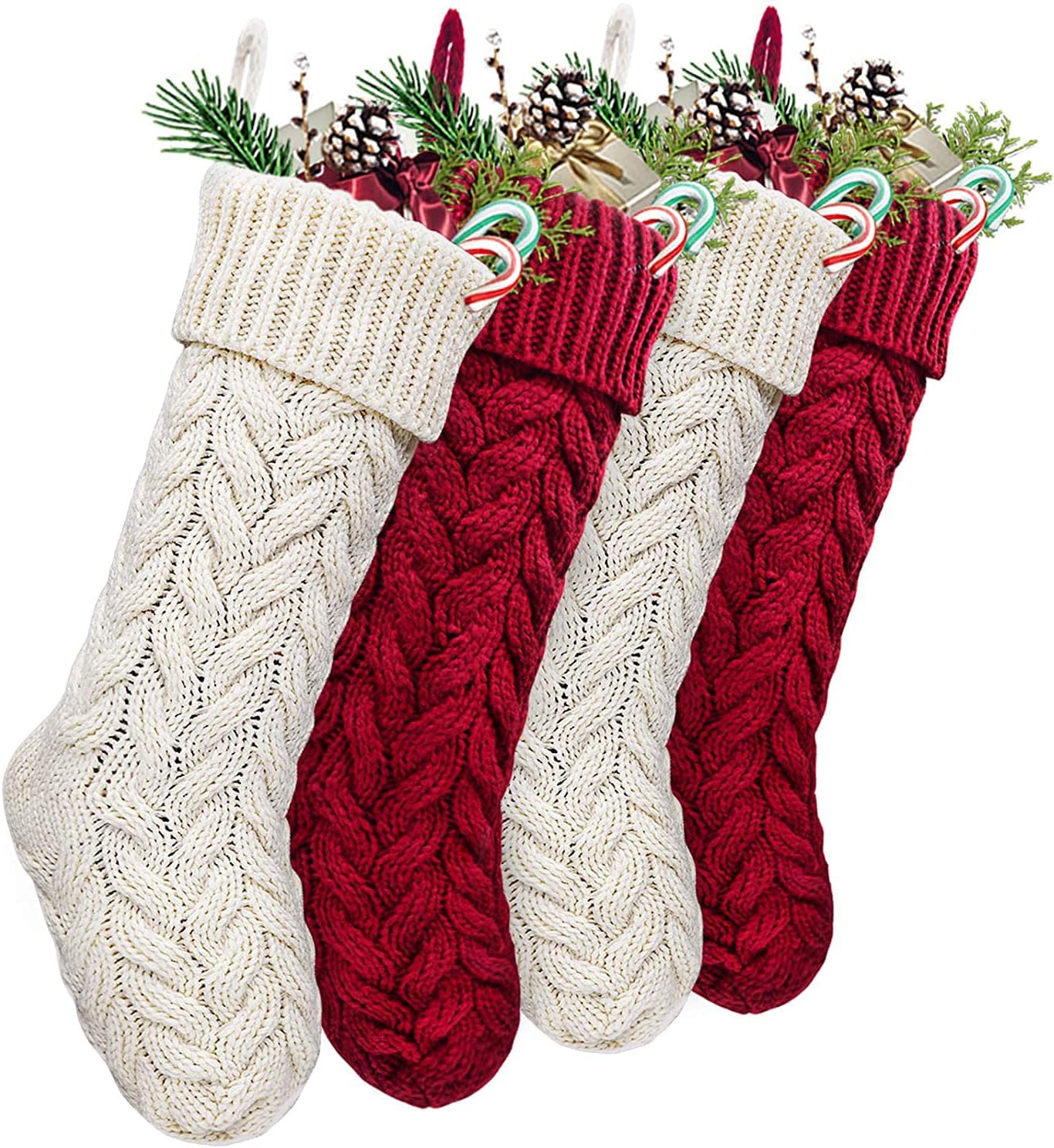 LimBridge Christmas Stockings, 4 Pack 18 inches Large Size Cable Knit Knitted Xmas Stockings, Rustic Personalized Stocking Decorations for Family Holiday Season Decor, Cream and Burgundy