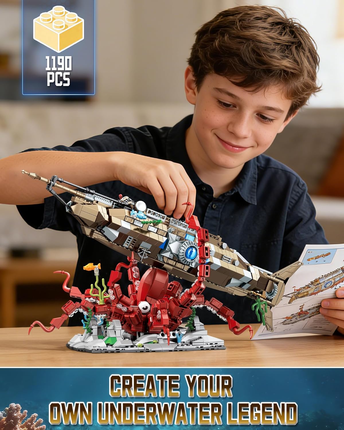 Octopus & Underwater Submarine Building Block Set for Adults, Compatible with Lego Octopus, Ocean Animal Collection Toy for Home/Office Decor, Ideas Gifts for Christmas, Birthdays