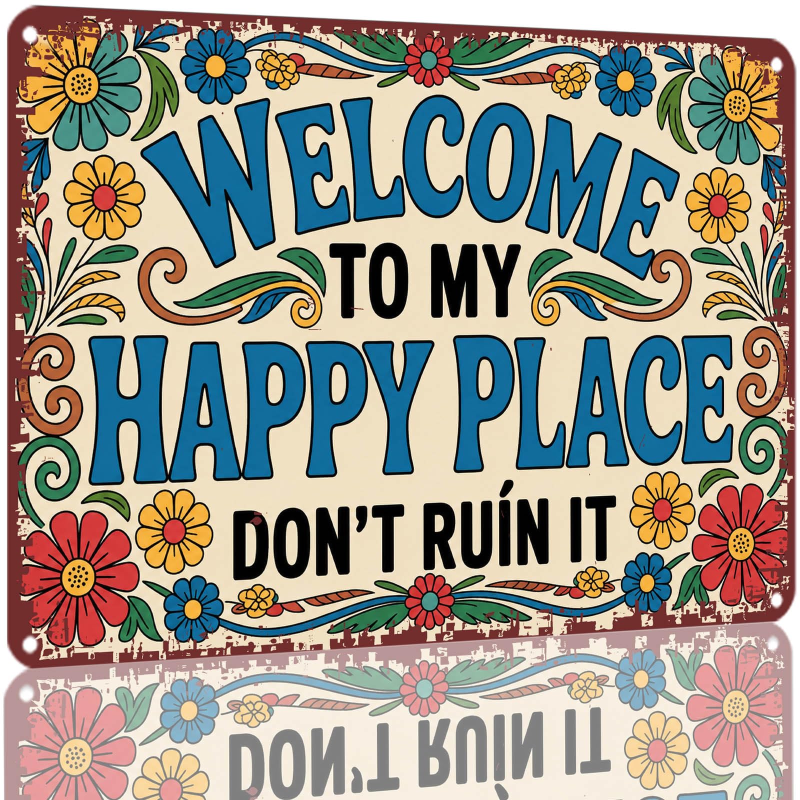 Kwqdozf As Pic Welcome To My Happy Place Metal Tin Sign 8X12 Inch Aluminum Vintage Floral