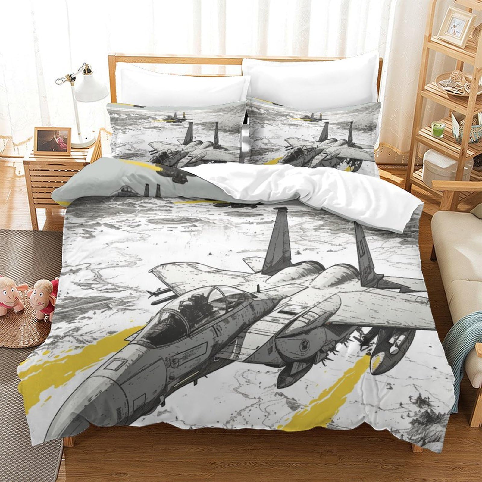 Housse de couette 3 pièces avions de combat 260x220cm parure de lit microfibre grand lit
