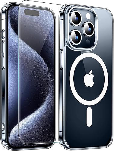 Funda para iPhone 15 Pro Max, compatible con Magsafe antiamarilleo con protector de pantalla, delgada funda delgada de 10 pies a prueba de golpes de