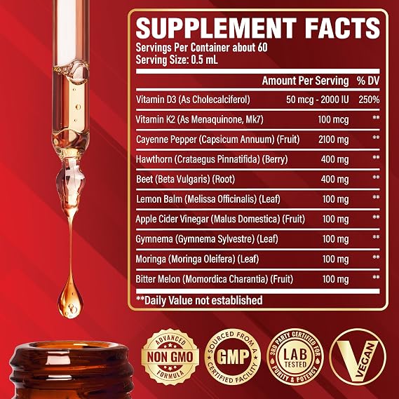 Satoomi 10in1 Cayenne Pepper Liquid Drops with Vitamin D3, Vitamin K2, Hawthorn Berry, Beet Root, Lemon, Apple Cider Vinegar, Gymnema, Moringa, Bitter Melon - Digestion Support - 30ml - 60 Day Supply