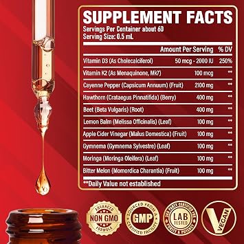 Satoomi 10in1 Cayenne Pepper Liquid Drops with Vitamin D3, Vitamin K2, Hawthorn Berry, Beet Root, Lemon, Apple Cider Vinegar, Gymnema, Moringa, Bitter Melon - Digestion Support - 30ml - 60 Day Supply