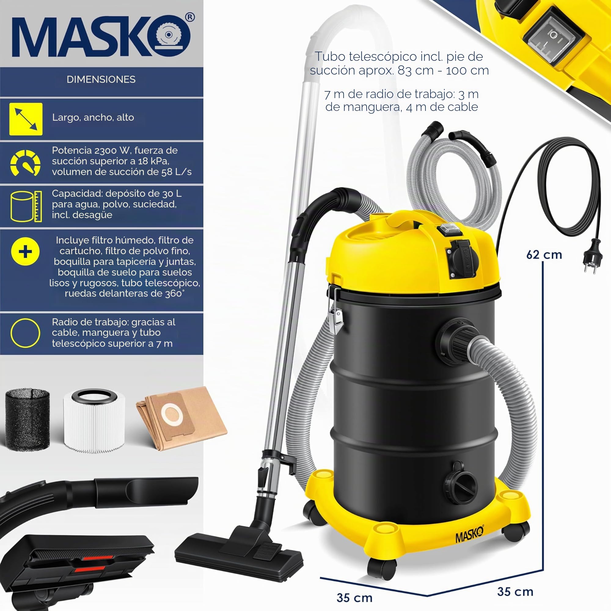 Masko® 6IN1 Aspirador Industrial en seco y húmedo de Cenizas 2300W + Toma de Corriente Función de soplado en seco y húmedo | sin Bolsa (Gelb)