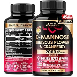 D-Mannose 2000mg with Cranberry & Hibiscus - Clinically Tested Strength for Urinary Tract Health - Supplement for Women - Bladder, Liver & Microflora Support - Made in USA - Vegan, 180 Capsules