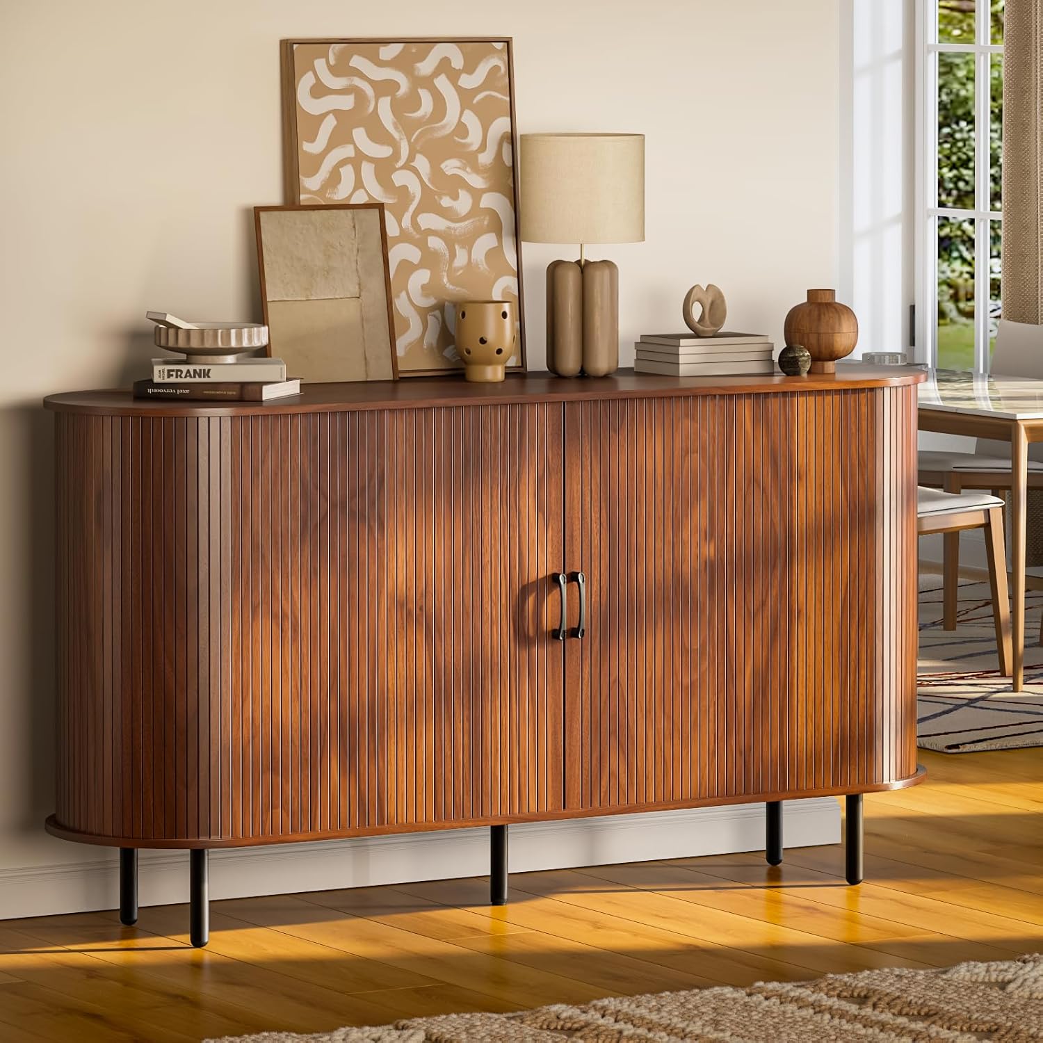 PUKAMI 55" Wood Buffet Sideboard Cabinet with Storage, Mid-Century Modern Coffee Bar Cabinet with Sliding Doors & Shelves, Accent Credenza Console Table for Kitchen, Dining Room, Entryway