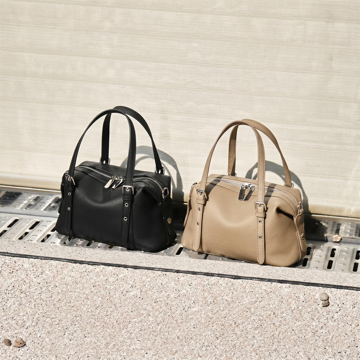 Bolso Boston Mujer de Cuero Flor Genuino, Bolso de Mano Gran Capacidad Minimalista, Elegante Bolso de Hombro y Bandolera para Trabajo Diario Negro