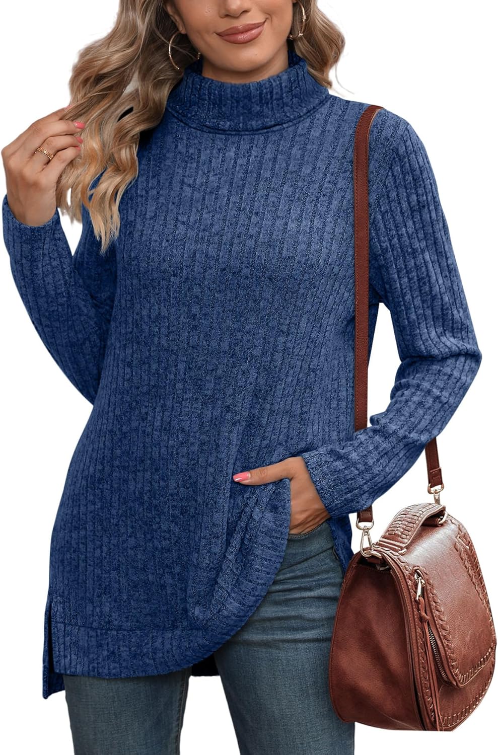 WIHOLL Womens Tunic Tops Turtleneck Long Sleeve Shirts Oversized Fall Sweaters Side Split High Low Hemline - Image 4