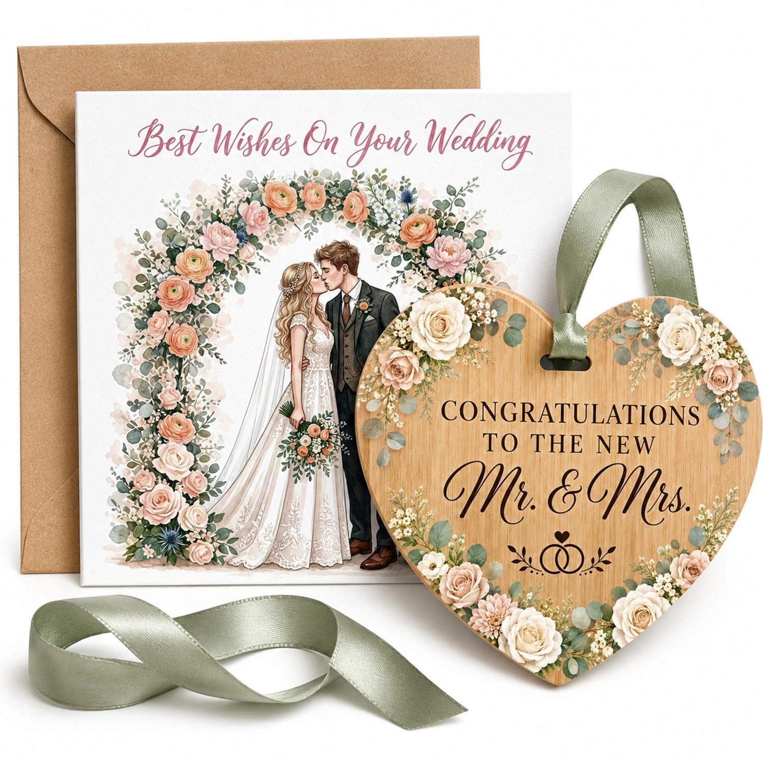 Wedding Card For Bride And Groom, Mr And Mrs With Wooden Heart Plaque