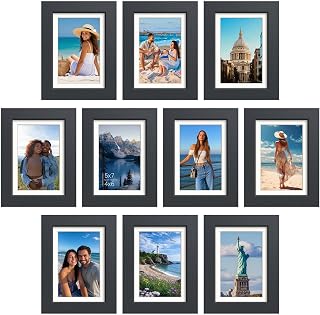 VCK 5x7 Picture Frame Set of 10, Photo Collage Wall Decor, Black Wood | Tempered Glass, 4x6 Mat, Fits 5x7 Without Mat, Wall or Tabletop Display, for Gallery Wall, Living Room, Hallway, Office