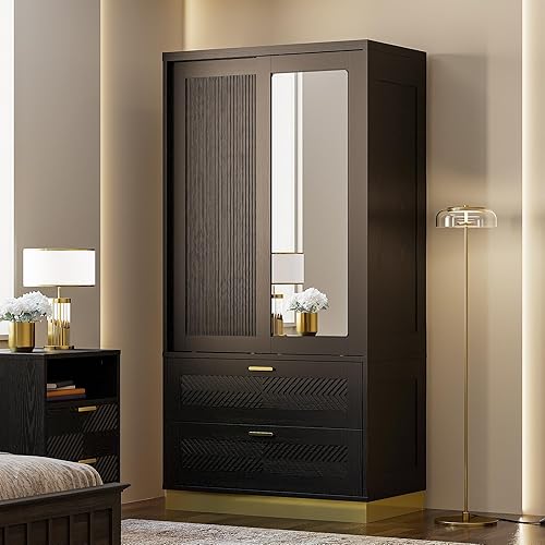 71" Modern Armoire Wardrobe Closet with Mirror, 2-Door Tall Wardrobe Closet with Sliding Doors 2 Large Drawers Hanging Rod Anti-Tip Kit Freestanding Closets for Bedroom, Apartment, Cloak Room