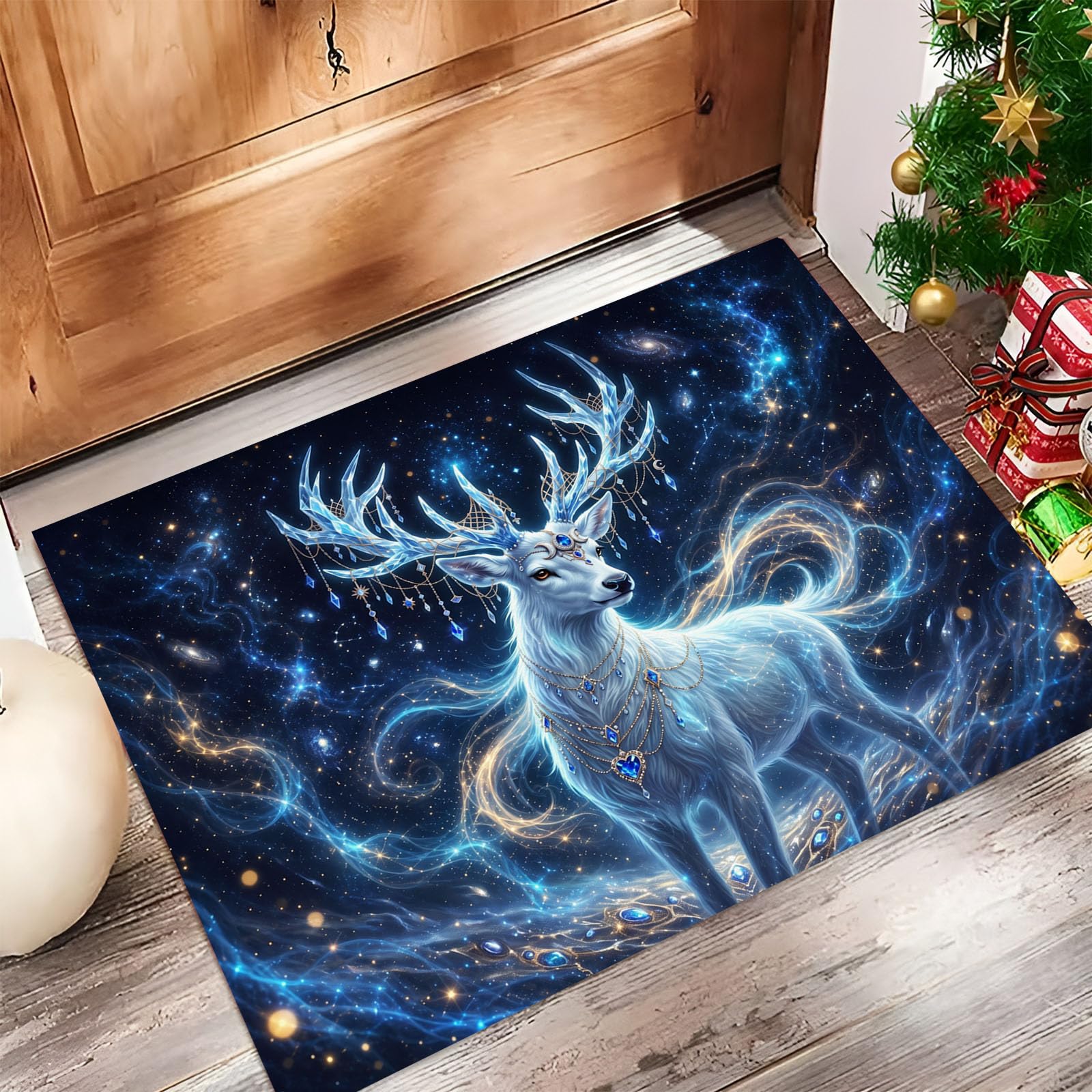 Felpudo Entrada Casa Antideslizante Reno Cristal Misterioso Para Interiores,Alfombras Entrada Fino Lavable,Animales Fantásticos Cielo Estrellado Alfombrilla Absorbente Para Pasillo,80X120Cm,Azul