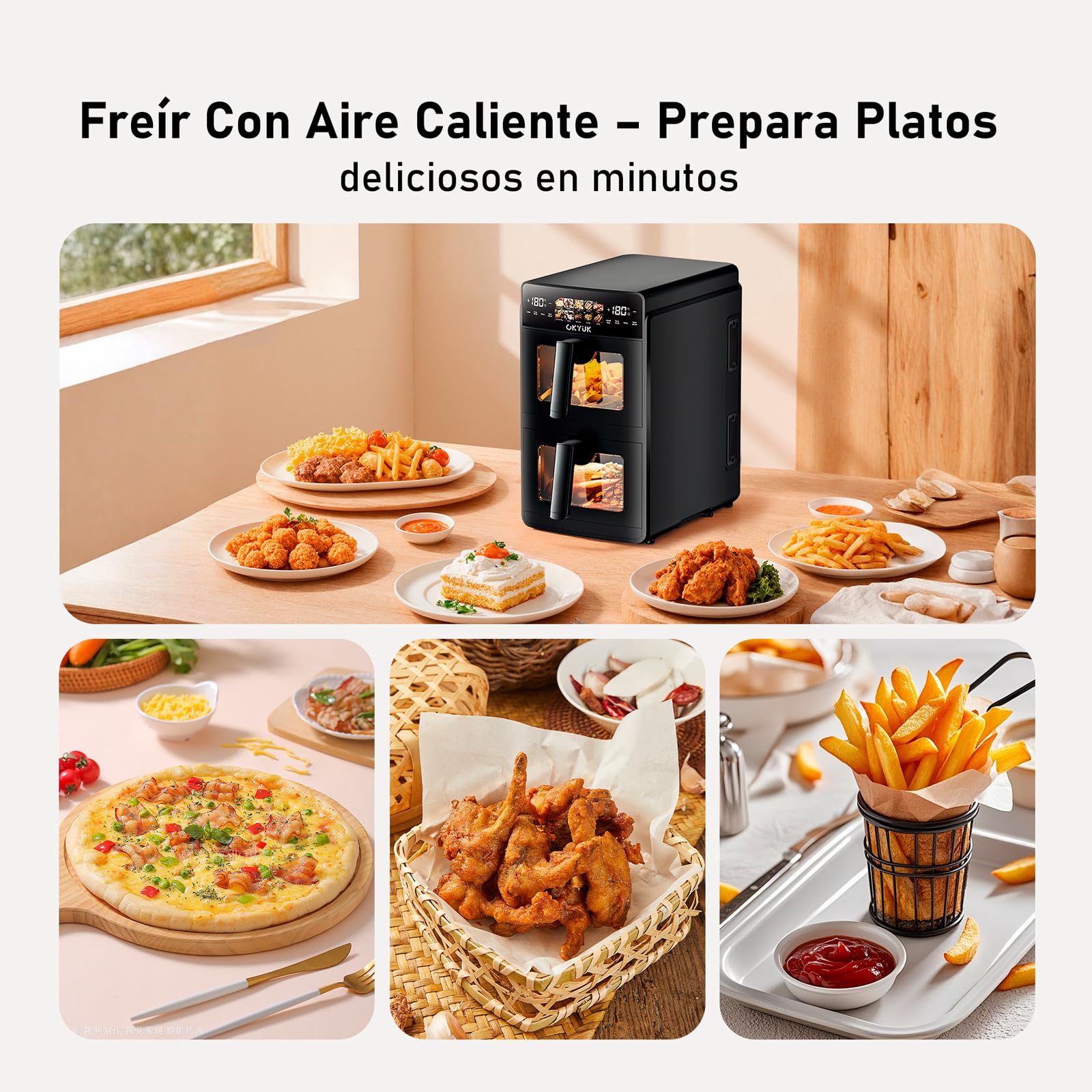 OKYUK Friggitrice ad Aria 10 Litri Double Stack XL, Friggitrice Aria 2 Scomparti, 10 Funzioni di cottura, Air Fryer calda a doppio strato con finestra,Design salva-spazio Nero