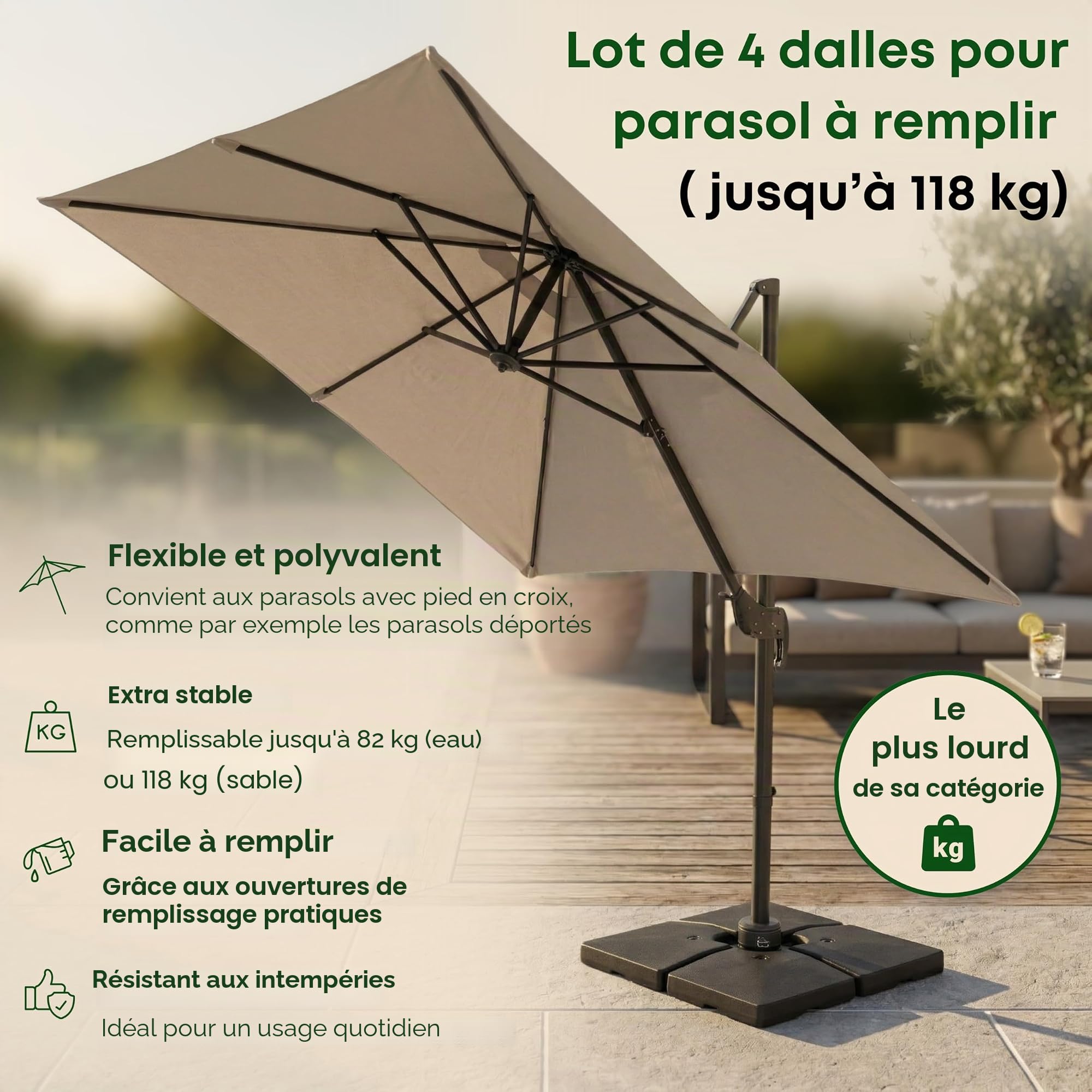 ACAZA Set de 4 Dalles Parasol, lestage à Remplir avec de l'Eau, jusqu'à 118kg, Noires en Plastique, Base pour pied de Parasol, à Pied en Croix